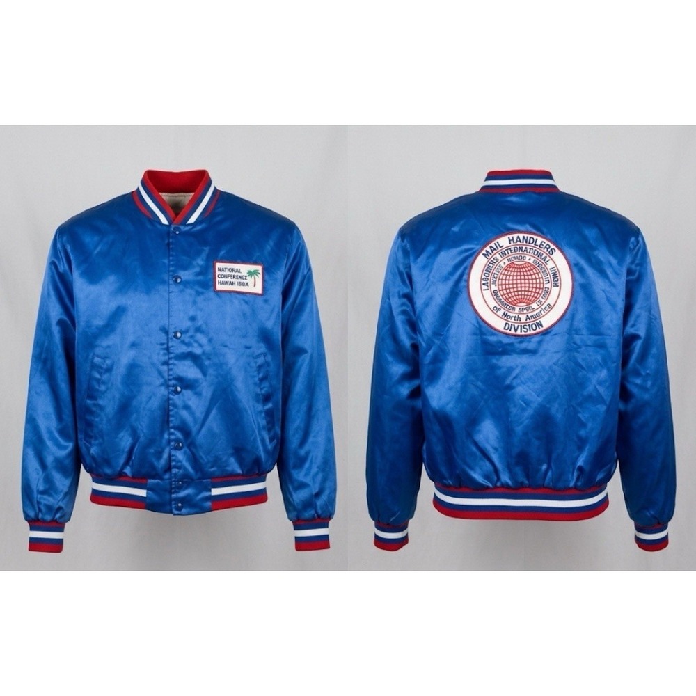 Vtg 80s Swingster Satin Jacket XL Mail Handlers Union Hawaii 1984 Bomber Blue